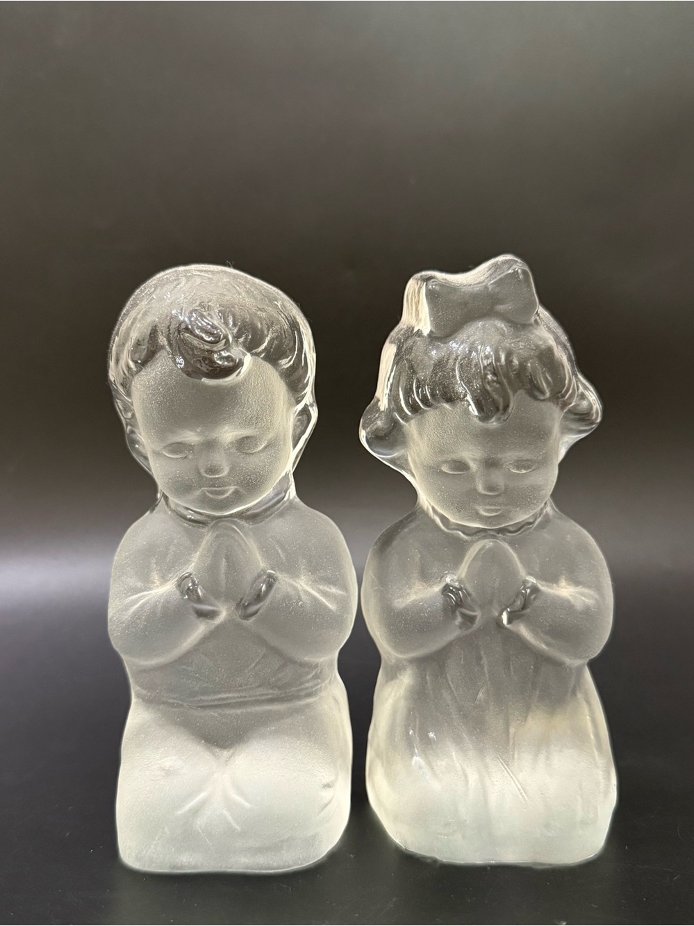 Pair Vintage VIKING Glass Frosted Satin Praying Boy & Girl Bookends Paperweights